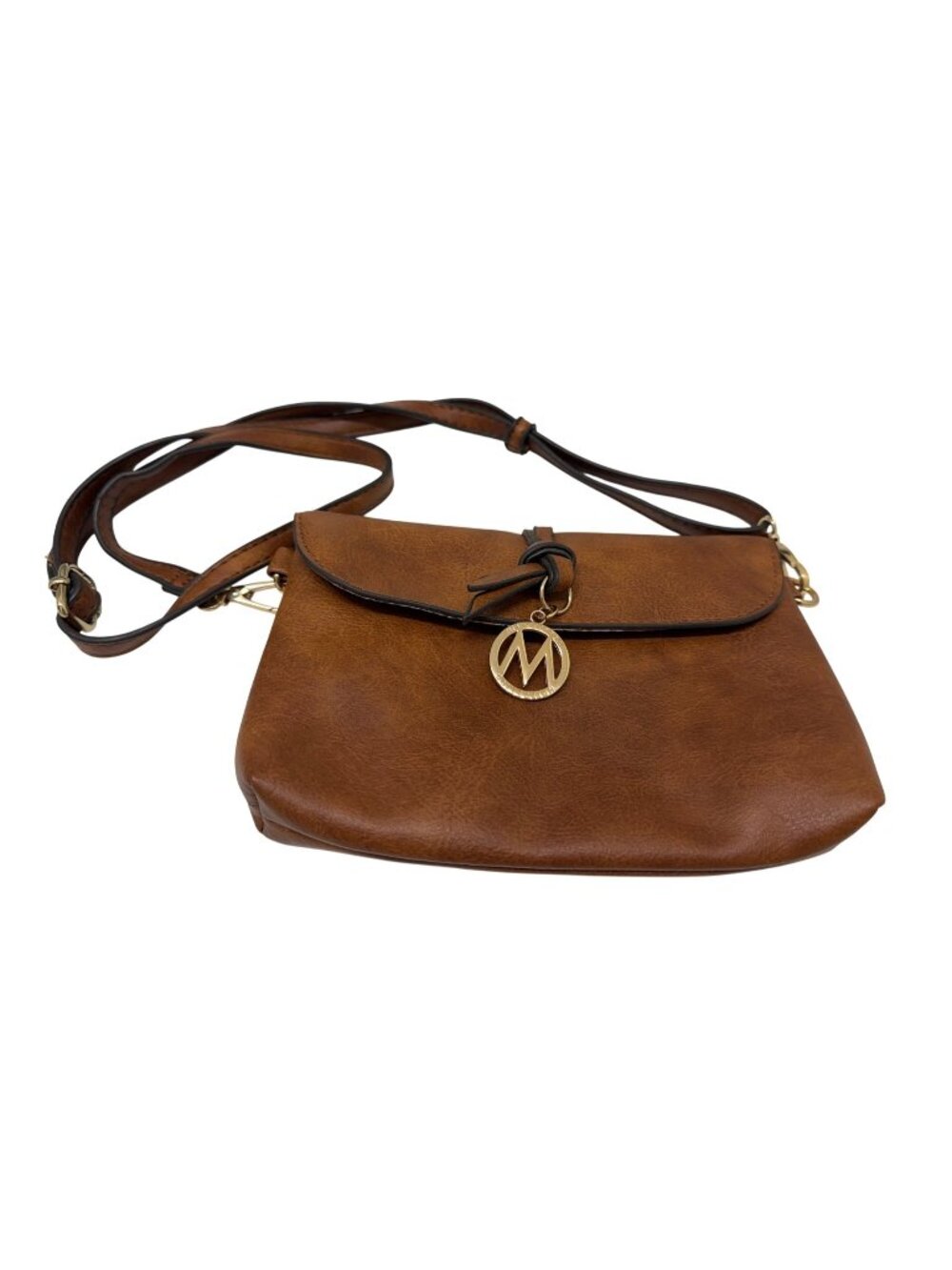 Mia K. Farrow Collection Brown Leather Crossbody Bag – Gold “M” Charm – 6” x 9”